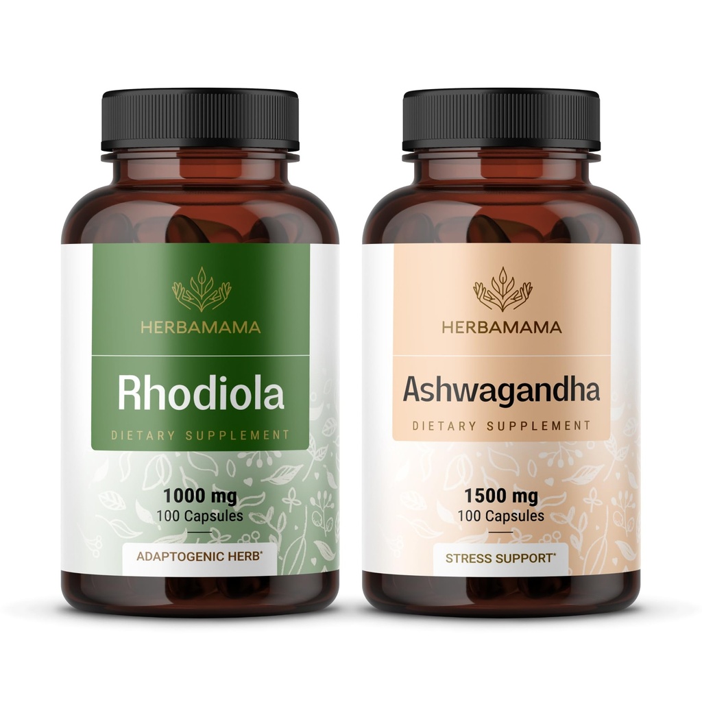 HERBAMAMA Rhodiola Rosea și Ashwagandha Kit - Bundle of 1000 mg Rhodiola Rosea Capsules &1500 mg Ashwagandha Root Capsules - Vegan, Non-GMO, Gelatină-Free - 2 Pack