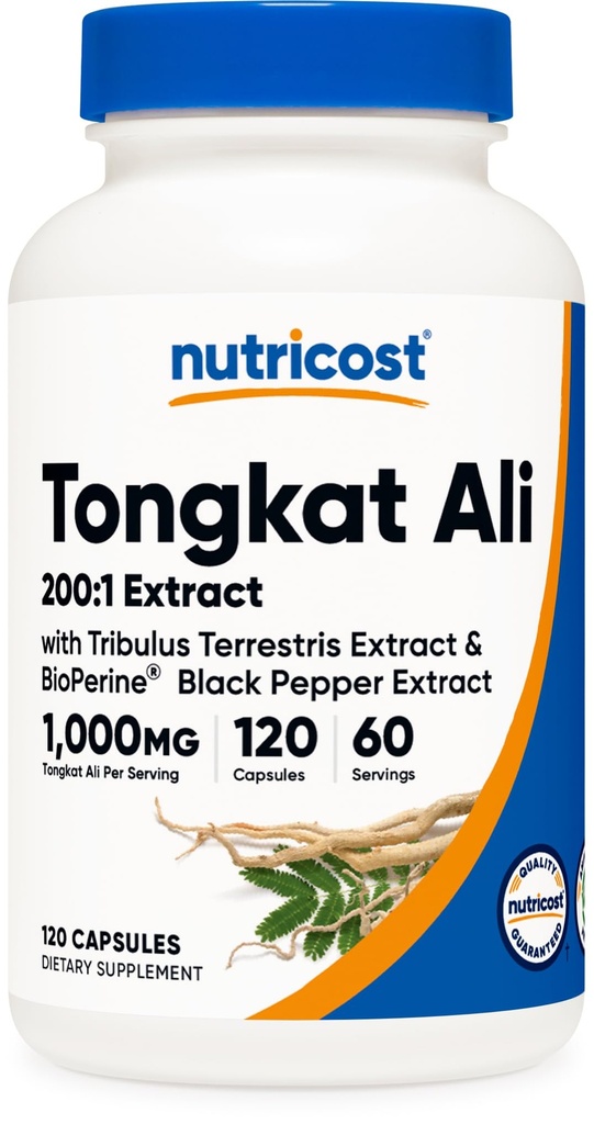 Nutricost Tongkat Ali 1000mg 120 capsule - cu Tribulus Terrestris şi BioPerine, Caps vegetariane, non-GMO, gluten liber, extract potent