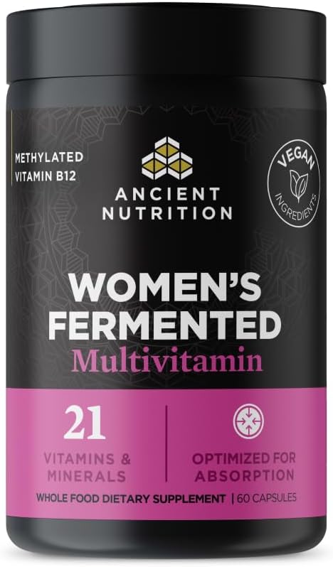 Nutriţie antică Multivitamine pentru femei, Multivitamine fermentate pentru femei cu vitamina C, D, K, Zinc & Magneziu, Suport Imun, Vegan, 60 Ct