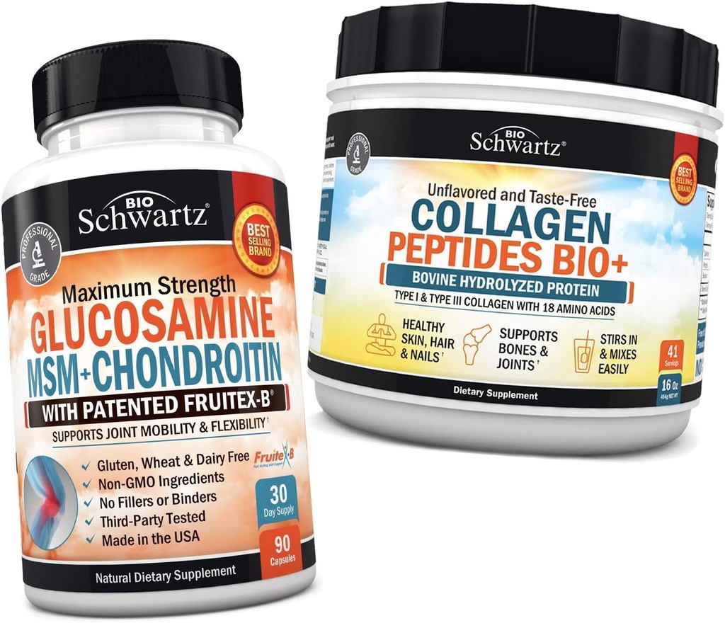 BioSchwartz Glucosamină Chondroitin MSM + Colagen Peptides Powder - Healthy Bone & Joint Support - Promovează flexibilitate și suporturi Cartilage