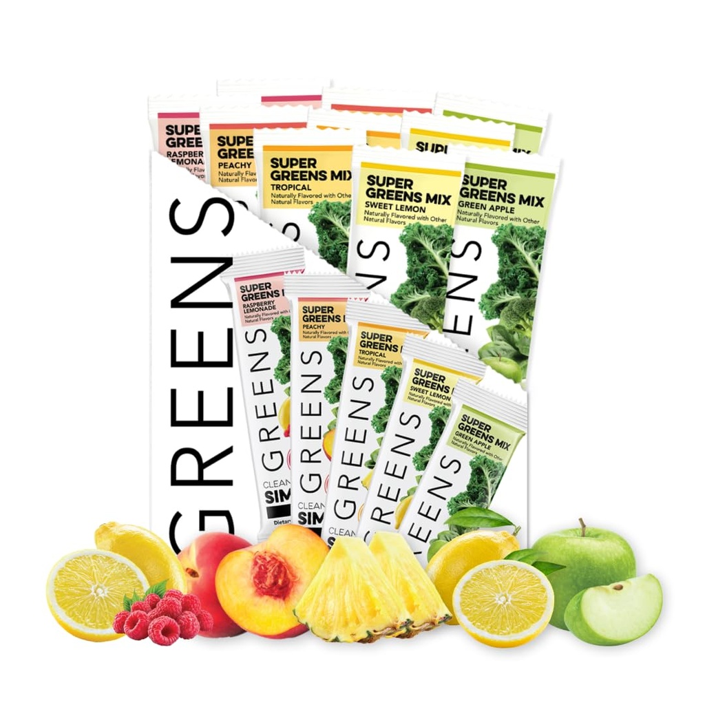Clean Simple Eats Greens Variety 10 Pack, Greens Powder Mix, Packed with Superfoods Chlorella & Spirulina, Include 5 arome delicioase: Peachy, Green Apple, Raspberry Lemonade, Sweet Lemon & Tropical