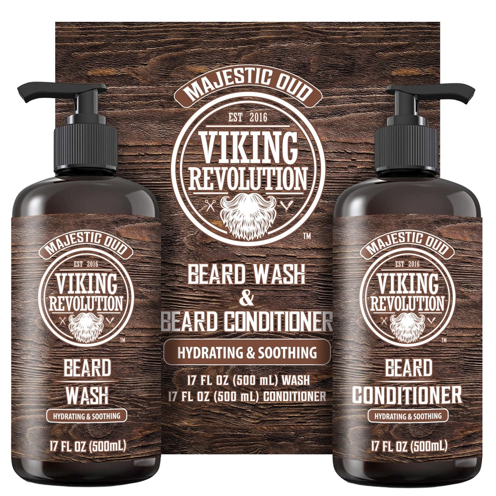 Viking Revolution Beard Wash and Beard conditioner for Men with Argan Oil and Jojoba Oil - Beard Softner and Consolidator Beard Care Beard Shampoo and Balsam with Beard Oil (17oz, Majestic Oud)