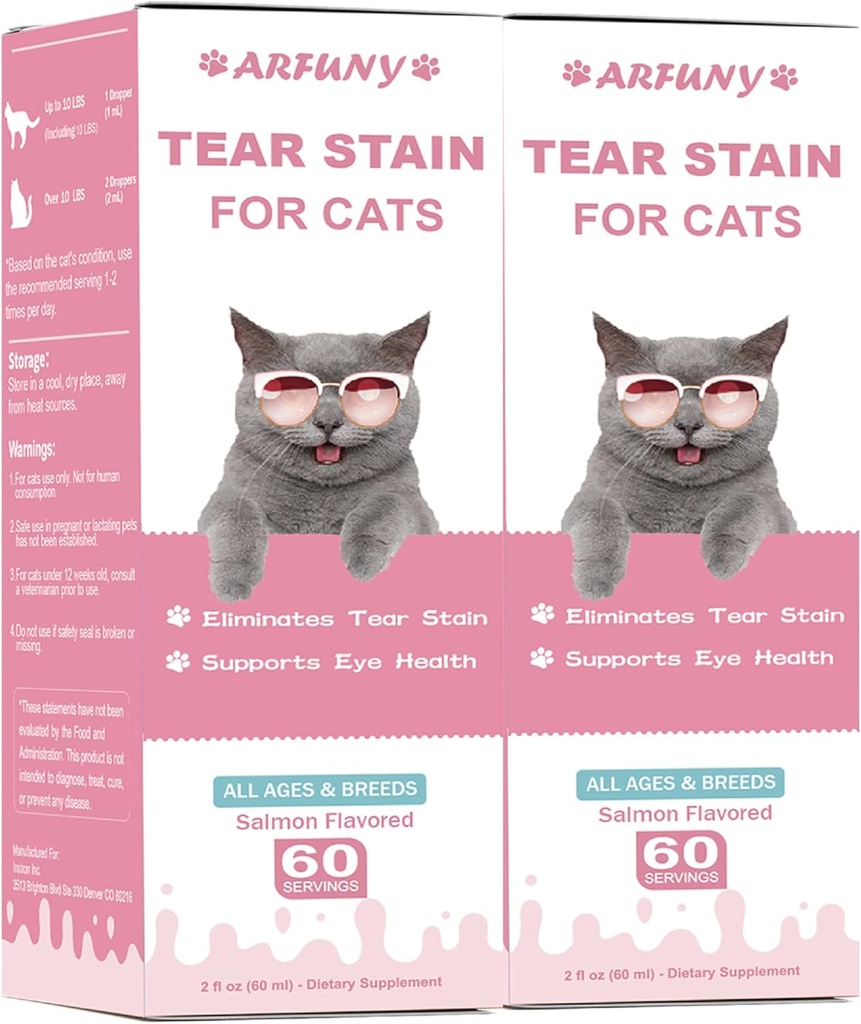 2 Packs Tear Stain Supliment pentru Cat - Prevenirea și eliminarea pisicilor Tear Stains - 60ML Cat Tear Stain Remover picături pentru sănătatea ochilor, Sistemul imunitar - cu merișoare, marshmallow & vitamine - Somon