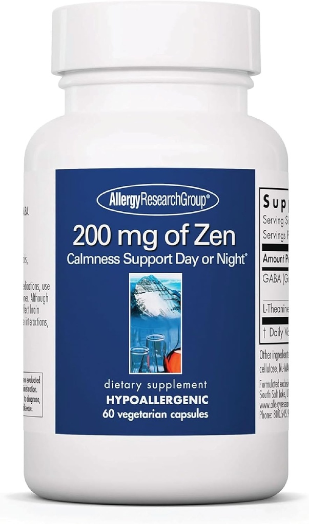 Grupul de cercetare pentru alergii 200 mg de Zen - GABA L-Teanină Supliment, Calm natural, Somn și Relaxați-vă Suport pentru femei și bărbați, Ia zi sau noapte pentru relaxare și energie calmă - 60 capsule vegetariene