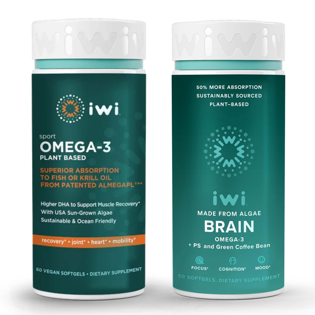 iwi Omega-3 Sport & Brain Omega-3 Bundle, 30 Servings, Vegan-Based Plant Algae Omega 3 with EPA + DHA, Krill & Fish Oil Alternative, No Fishy Aftergust
