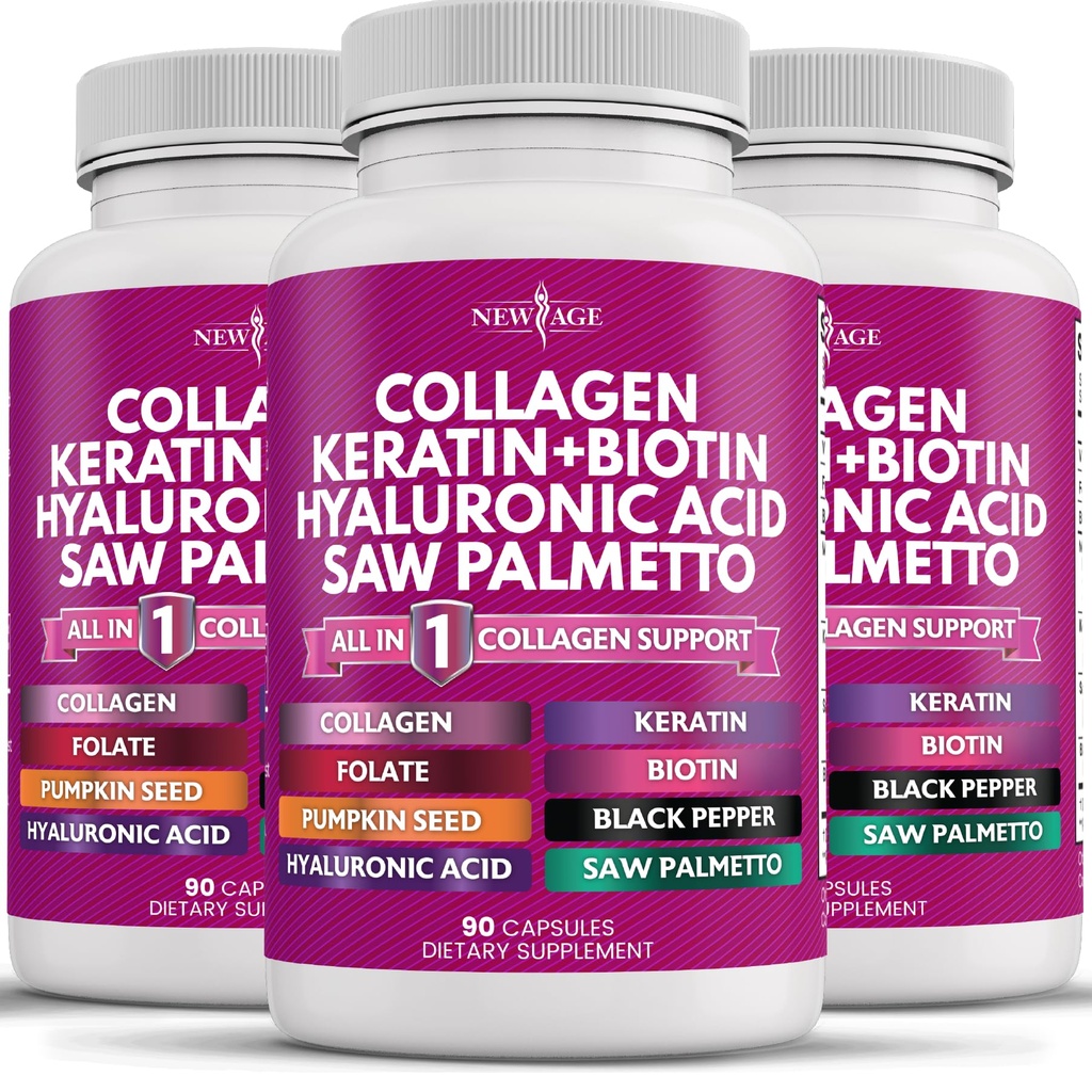 NEW AGE Colagen Pills Biotin Keratin Saw Palmetto Acid hialuronic- Vitamina E Acid folic Seed dovleac MSM- 270 Count
