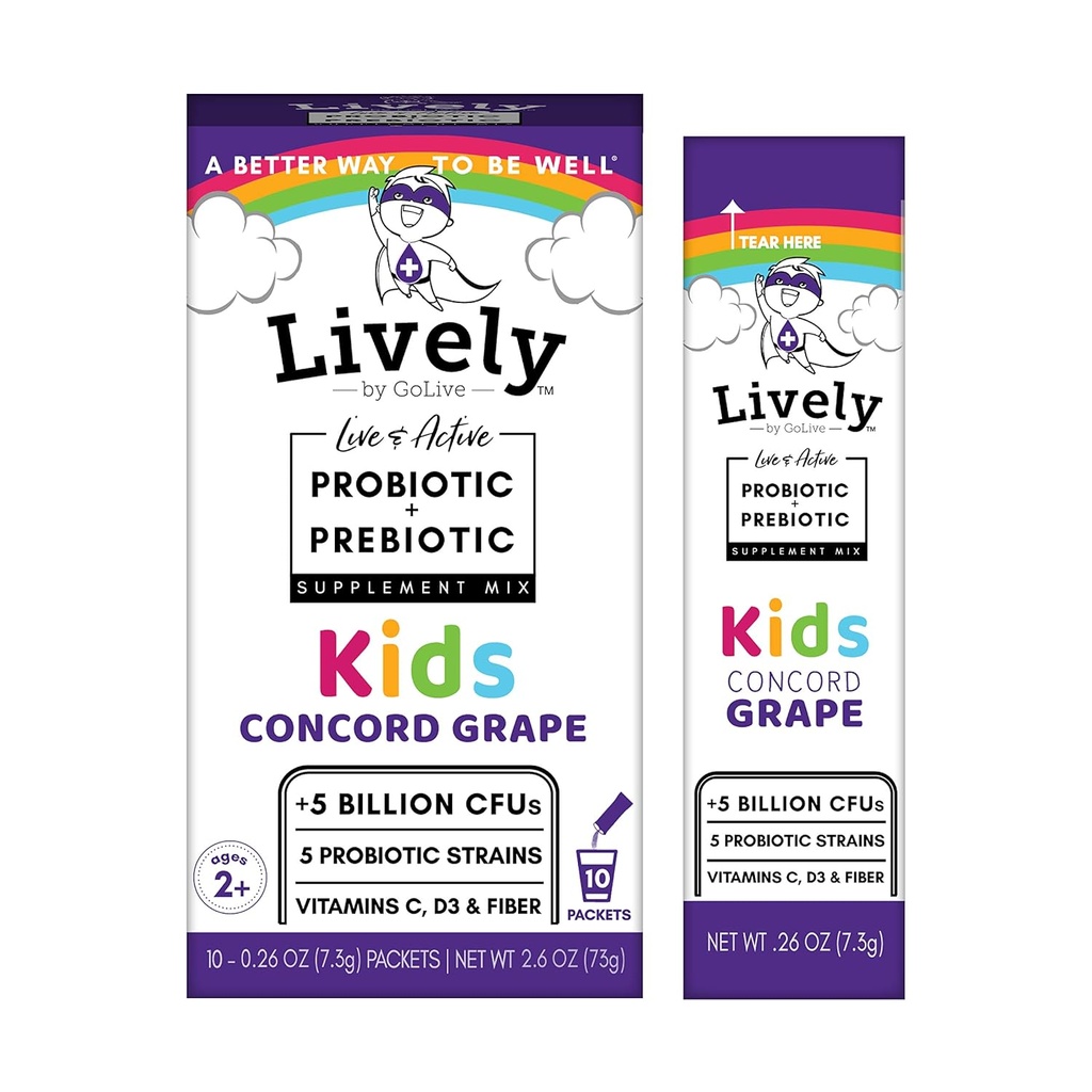 Live (de GoLive) Kids CONCORD GRARD Synbiotic (Probiotics+Prebiotice); 5 Straine clinice; +5 miliarde CFU. Probiotice & Prebiotice Kids pentru digestia, metabolismul, imunitatea. (10 ambalaje)
