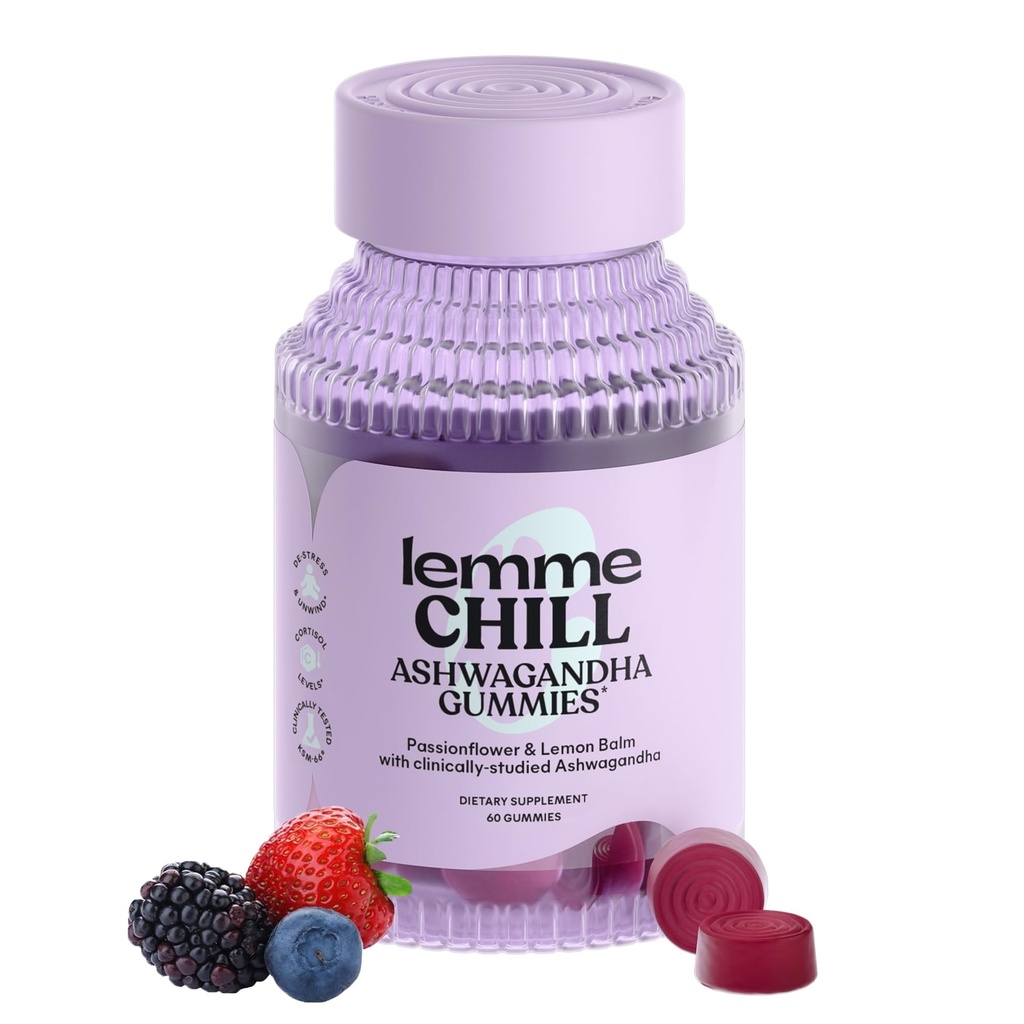 Lemme Chill Stress Relief Gummies cu 300mg KSM-66 Ashwagandha, Lemon Balm, Passionflower & Goji pentru a sprijini relaxarea, Cortisol sănătos & Sleep - Gluten-Free, Non-GMO, mixt Berry (60 Count)