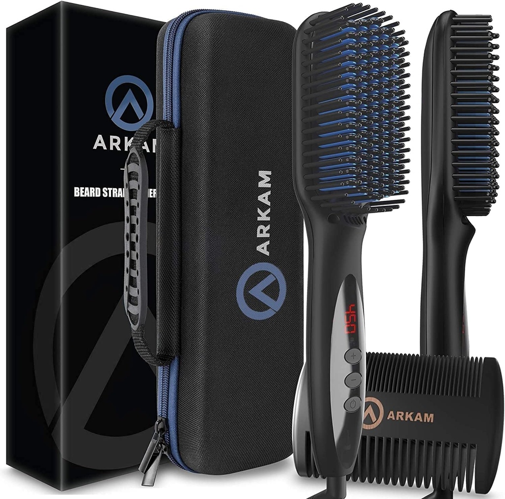 Arkam Barbă Îndreptare pentru bărbați - Premiu Încălzit periuță Kit w / Anti-Scald Feature, Dual Action Comb păr și Shell Hard Caz de călătorie pentru barbă medie la lung - Costume și cadouri de înromare pentru bărbați
