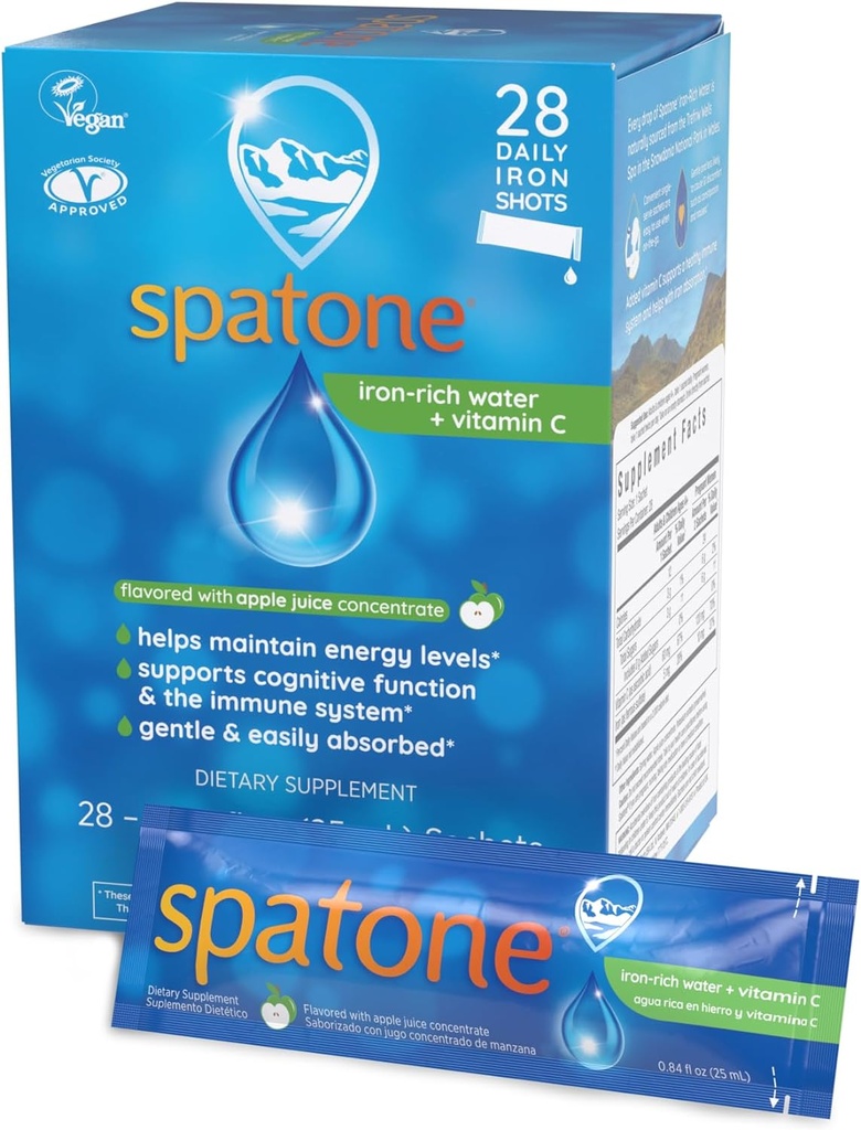 Spatone Natural lichid de fier Supliment Plus VIT C pentru femei - Bărbaţi şi copii Vârsta 4+ - Ideal în timpul sarcinii - Absorbed uşor şi blând - Vegan - Apple Aroma - 28-Ziua - 5mg de fier Per 20ml Sachet