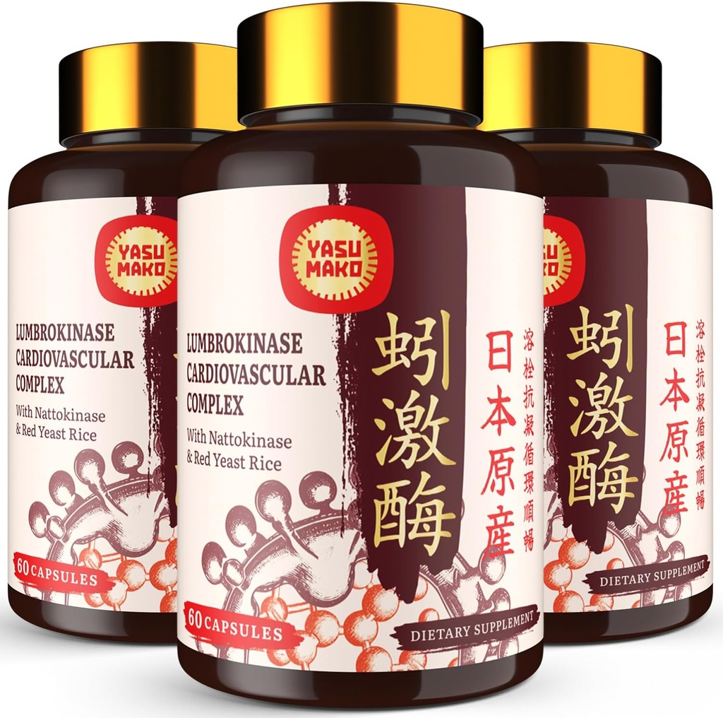 Lumbrokinaza 100mg (Max Activity 1.000.000 LKU),Nattokinaza 100mg-2.000 FU de activitate și Red Yeast Rice 300mg, Lumbrokinaza Enzymes Supliment pentru Circulation,Cognition,180 capsule (Pachet de 3)