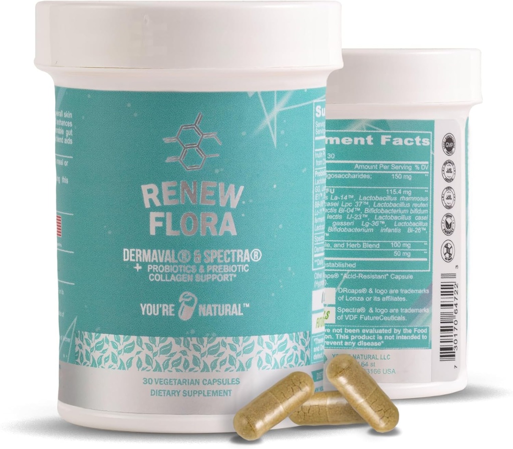 Reînnoirea Florei - Advanced Colagen & Skin Support - Antioxidant Plus Enzime digestive și Suport Gut pentru femei și bărbați cu studii clinice - Lactobacillus și 12 Probiotice înregistrate - 30 zile Aprovizionare