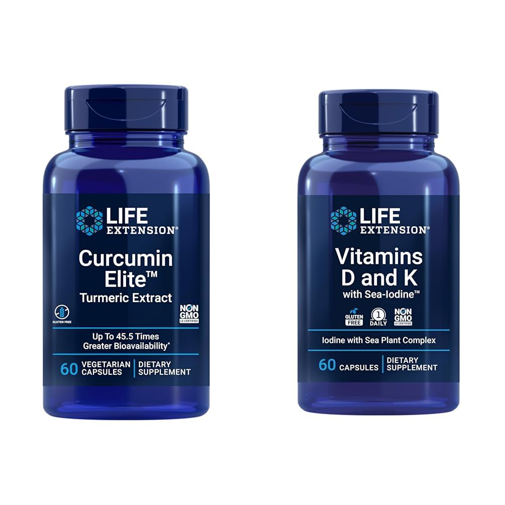 Extensie de viaţă Curcumin Elite Extract de turmeric, promovează un răspuns inflamator sănătos & Vitaminele D şi K cu mare-iod, vitamina D3, vitamina K1 şi K2