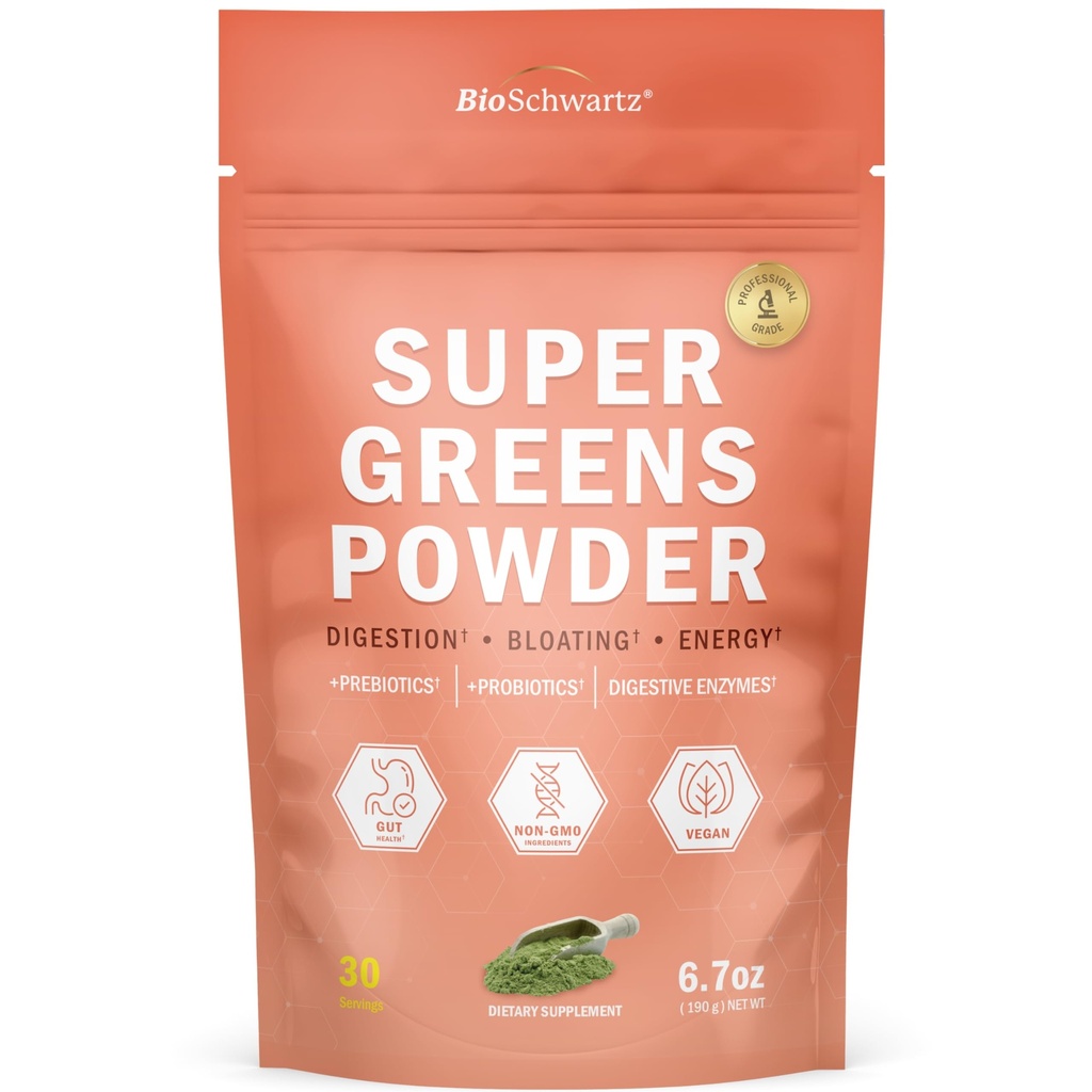 BioSchwartz Greens Powder Super Greens cu Probiotice, Prebiotice, Enzime digestive & 43 Superfoods - Clorofila, Bilberry, Chlorella, Spirulina - Gusturi uimitoare - 30 Serviri