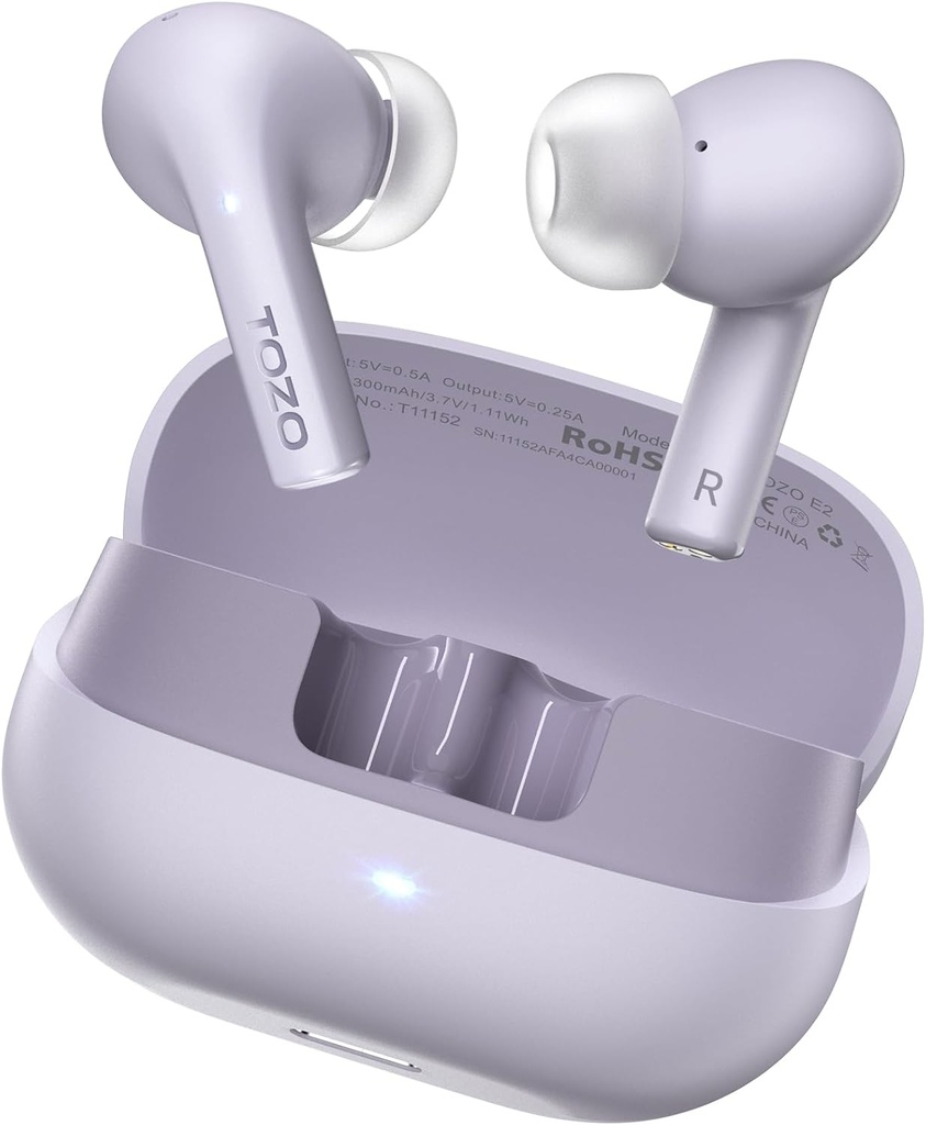TOZO E2 Caiet wireless cu 2 micros Al Call Noise Anulare, 10mm drivere cu Bass puternic, App Personaliza 32 EQ-uri, 30H Playtime, Bluetooth 5.3 Muguri urechi, Comfort Fit in-Ear Căști