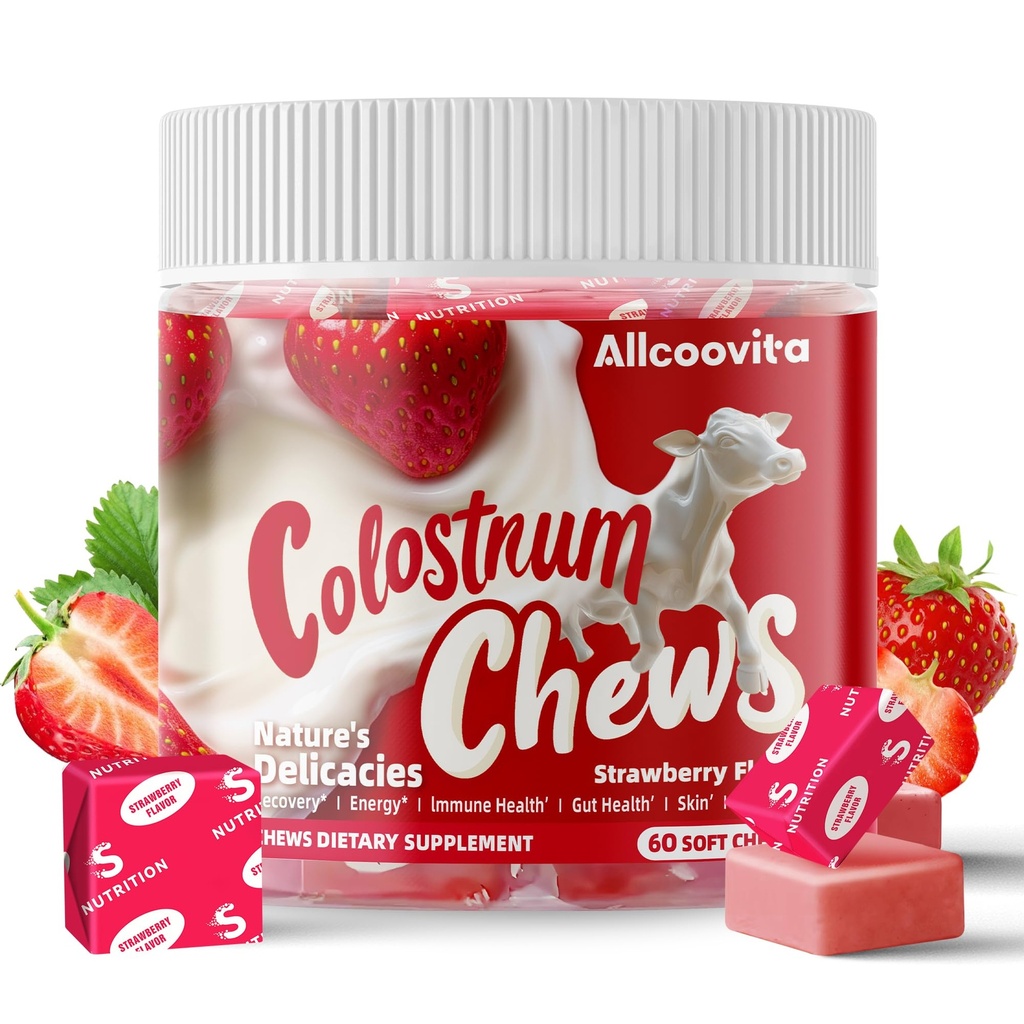 Bovin Colostru Chews Supliment cu probiotice pentru sanatate gutoasa, Blooting, Suport Imun, Piele, Cresterea parului si frumusete - Aroma de capsuni (60 Serviri)