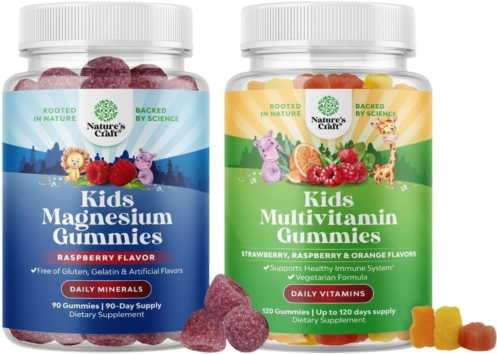 Bundle of Kids Magneziu Gummies - Supliment pentru sănătate nervoasă, mușchi și suport cardiac sănătos, și plante pe bază de copii Multivitamine Gummies - Multivitamine pentru Suport Imunitate cu vitamine A C D3 E B