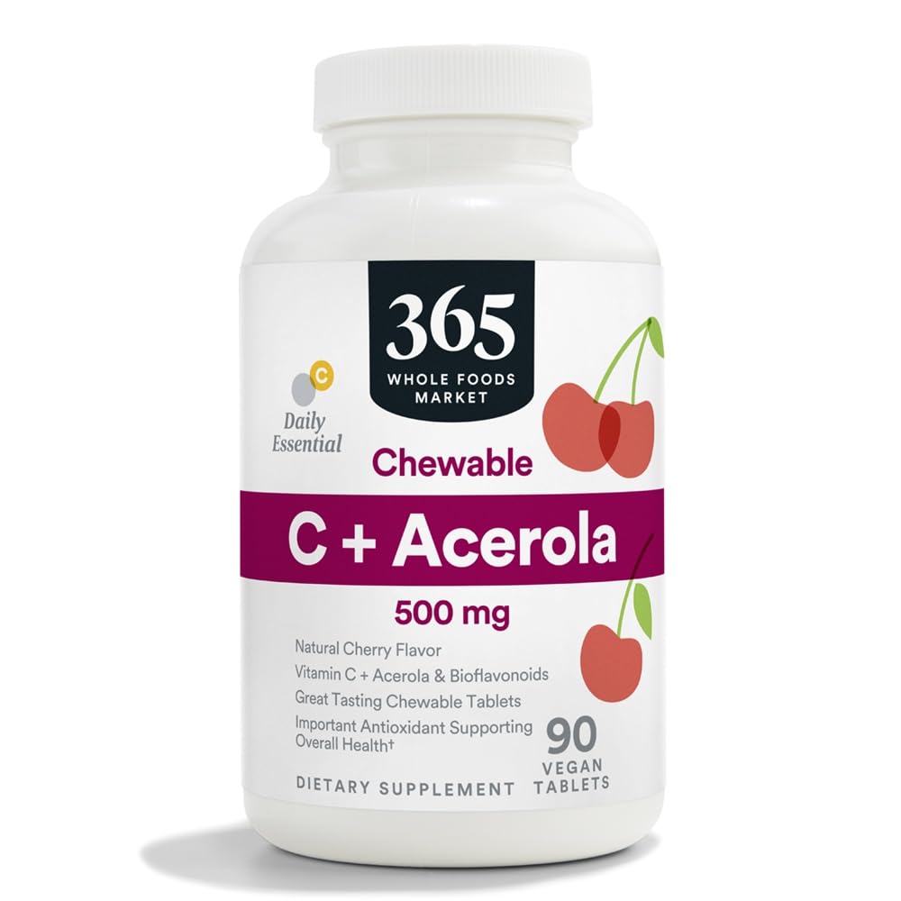 365 de Whole Foods Market, Chewable C + Acerola C 500mg, Aroma de cireșe naturale, Vegan, 90 comprimate