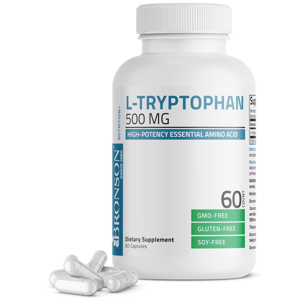 Bronson L-Tryptofan 500 MG mare potenta Essential Amino Acid sustine relaxarea si sustinerea pozitiva a dispozitiei non-GMO, 60 capsule