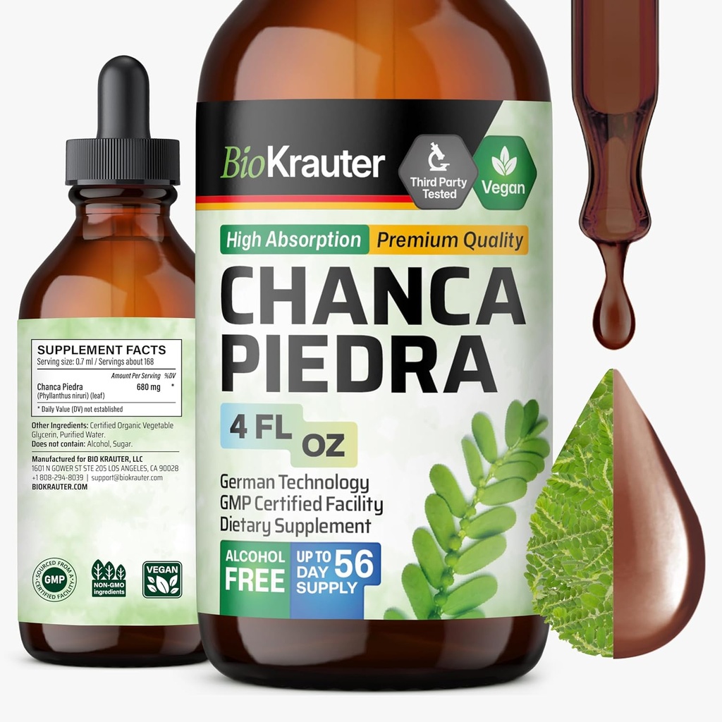 BIO KRAUTER Chanca Piedra Tincture - Natural Rinichi suport lichid - Chanca Piedra Stone Breaker & Gallbladder Cleanse Formula - Vegan, Alcool & Sugar Free Drops - 4 oz