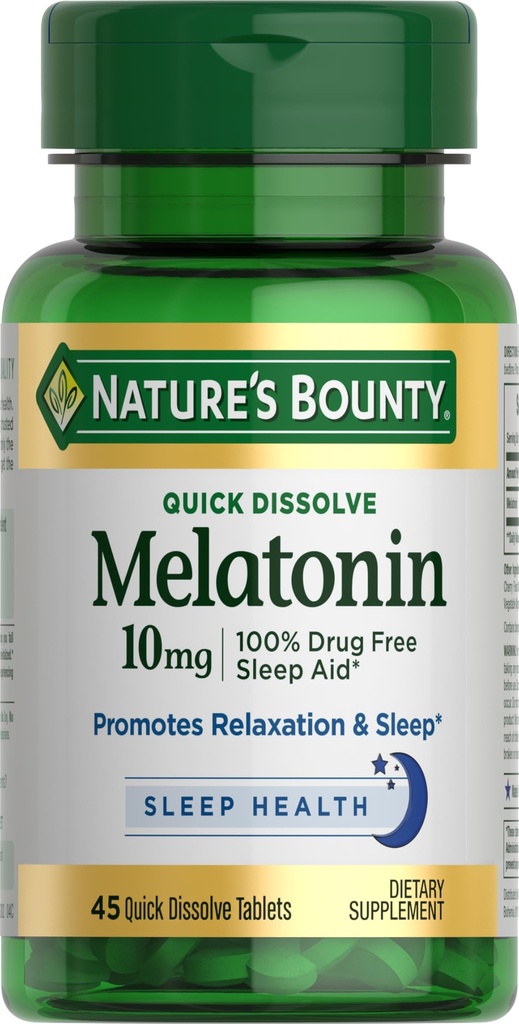 Natura's Bounty Melatonin, 100% Drug Free Sleep Aid, Dietary Supplement, Promoveaza Relaxarea si Sleep Health, 10mg, 45 Quick Dizolvation Tablets