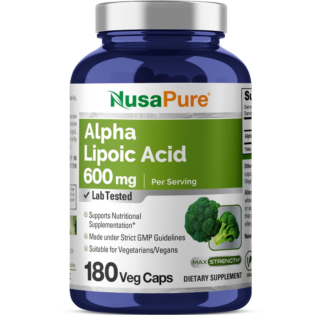 NusaPure Alpha Acid lipoic 600 mg per capsule vegetale care servesc 180 (Vegetarian, Non-GMO, Vegan)