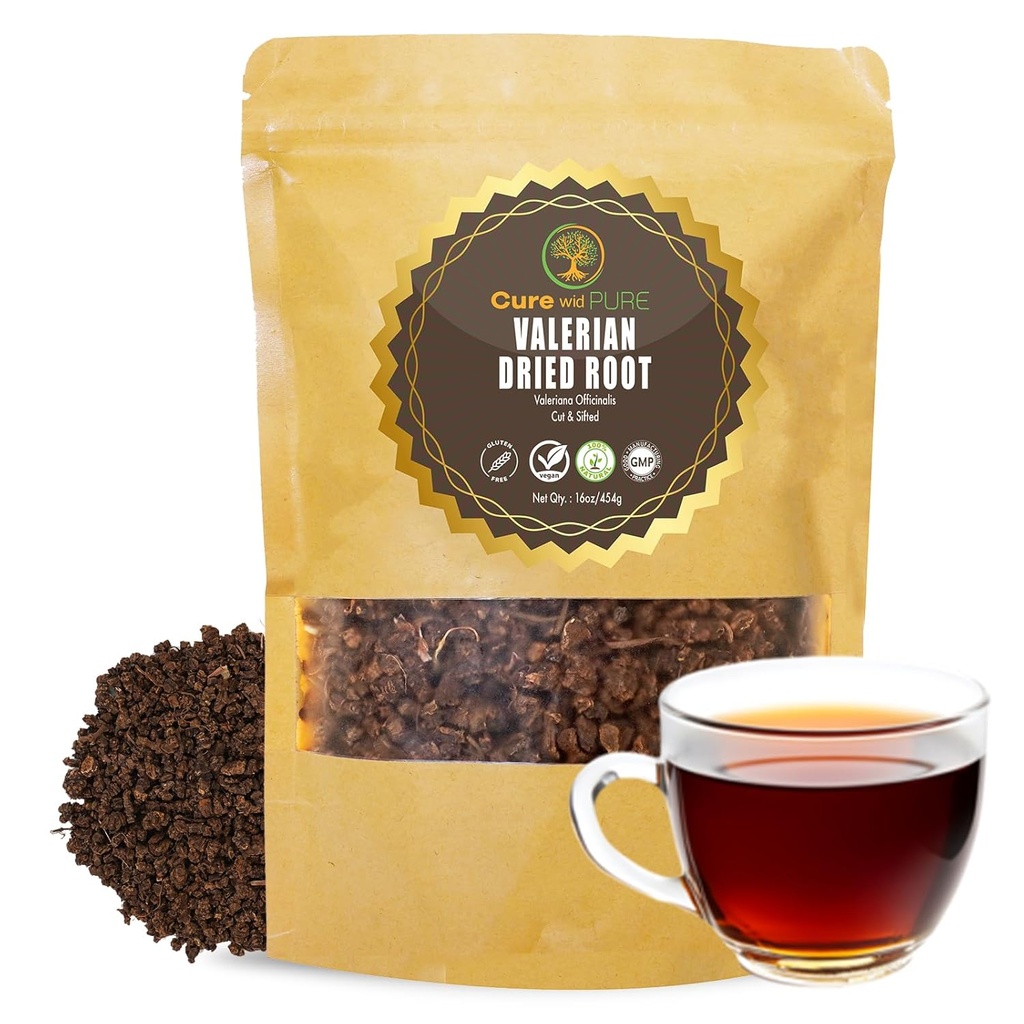 Cure wid Pure Organic Valerian Root Tea - Cut,Sifted & Non-Iradiate de ceai Valerian Promoveaza somn natural relaxant - Te De Valeriana officinalis in Resealable Eco Friendly Pouch 16oz