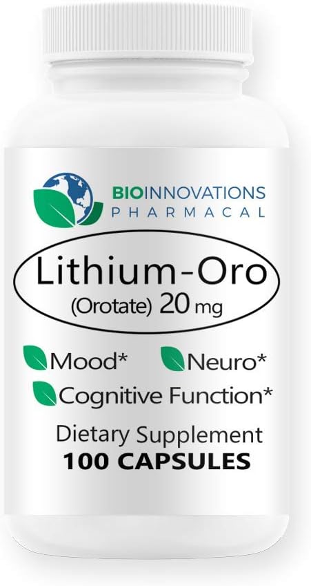 Litiu Oro 20 mg, Suportă Wellness emotional Mood sănătos, Comportament, și Memorie. Biodisponibil, 100 capsule (Elemental Litiu Orotat)