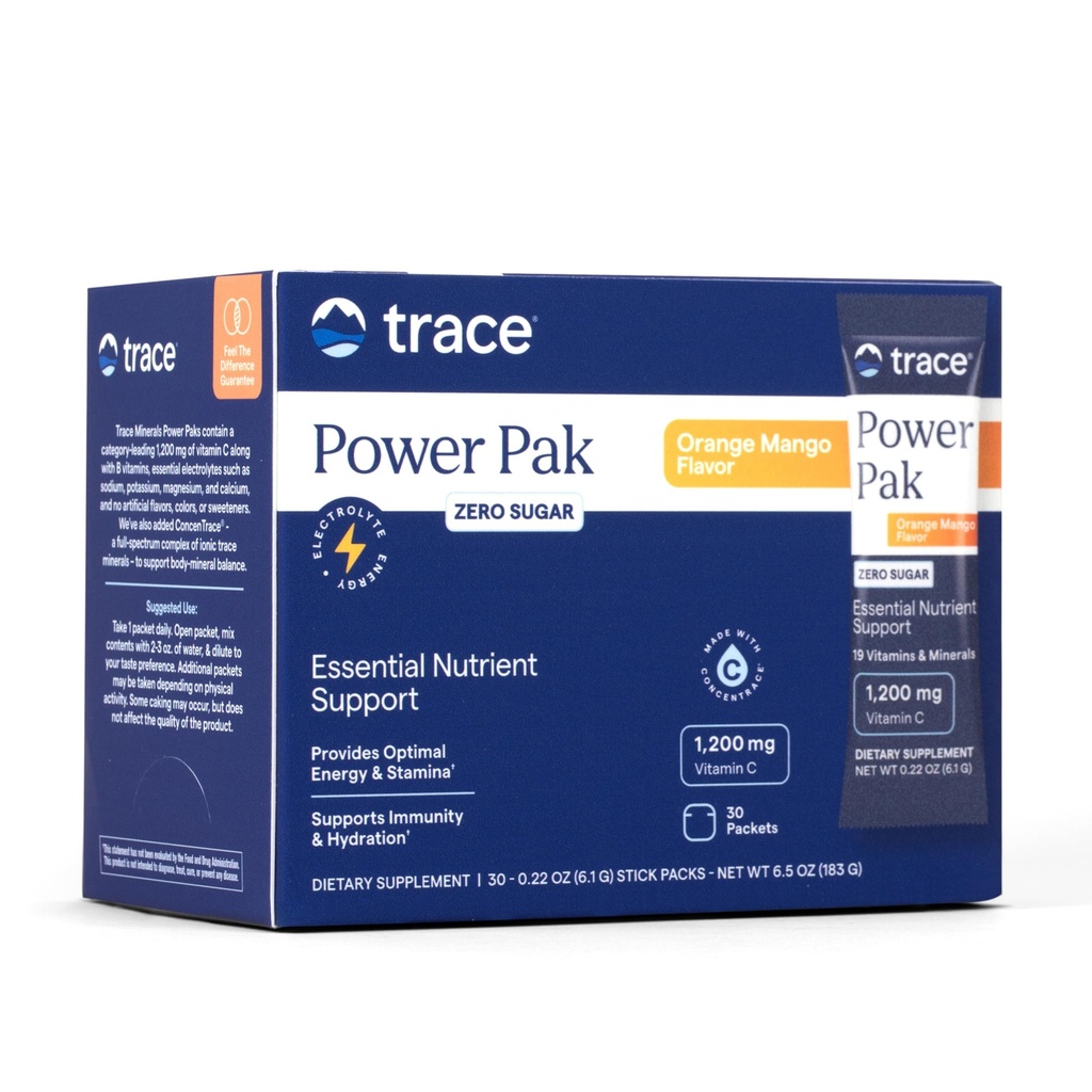 Trace Minerale Putere Pak Multivitamine si Pachete Multiminerale - Suport Electrolit - 1200 mg Vitamina C Plus 70 Sugar Free - Orange Mango Flavor - 30 Pachete