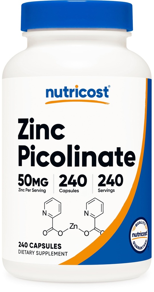 Picolinat de zinc Nutricost 50mg, 240 Capsule vegetariene - Gluten gratuit și non-GMO (240 Capace)