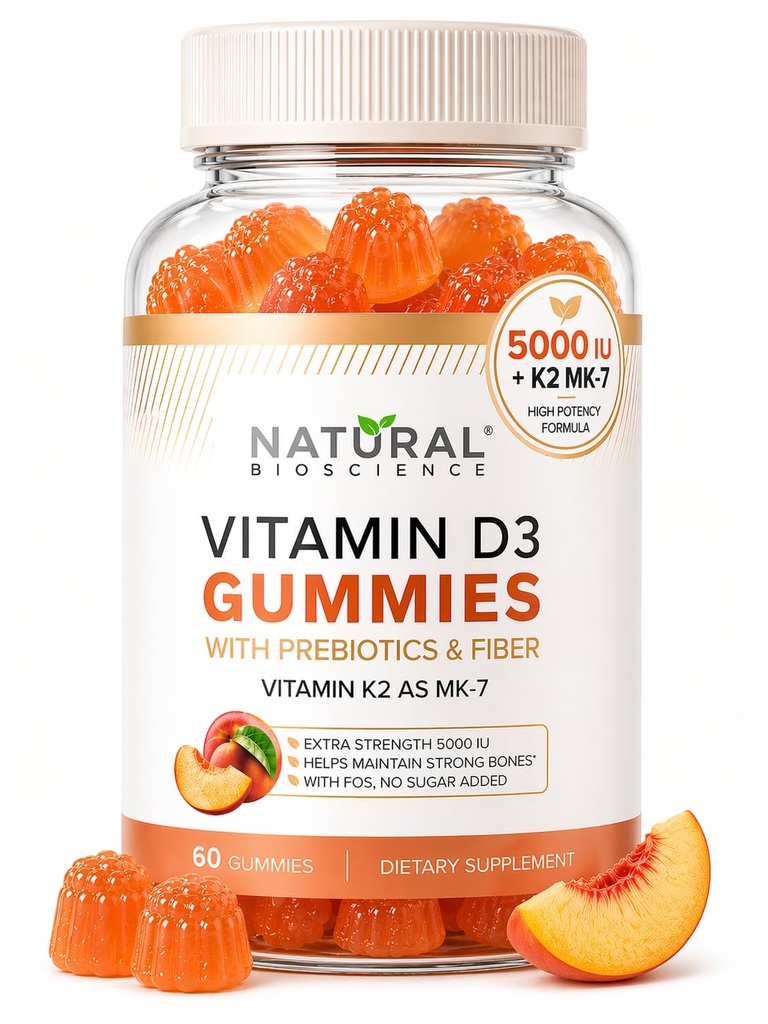 Vitamina D3 K2 fără zahăr - Vitamina D3 Gumies 5000 UI+K2 MK7 80 mcg, K2 D3 Suplimentul de vitamine Adulți, vitamina D K2 pentru oase, imune, inimă, mood, gluten-free, non-GMO, aromă naturală de piersici