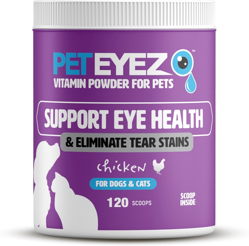 Pet Eyez Vitamina pulbere pentru animale de companie - Sustine sanatatea ochilor si reduce Tear Stain Buildup - 100% alimente naturale Topper pentru câini și pisici cu super-alimente, antioxidanti si nutrienti - Aroma de pui - 120 Scoops