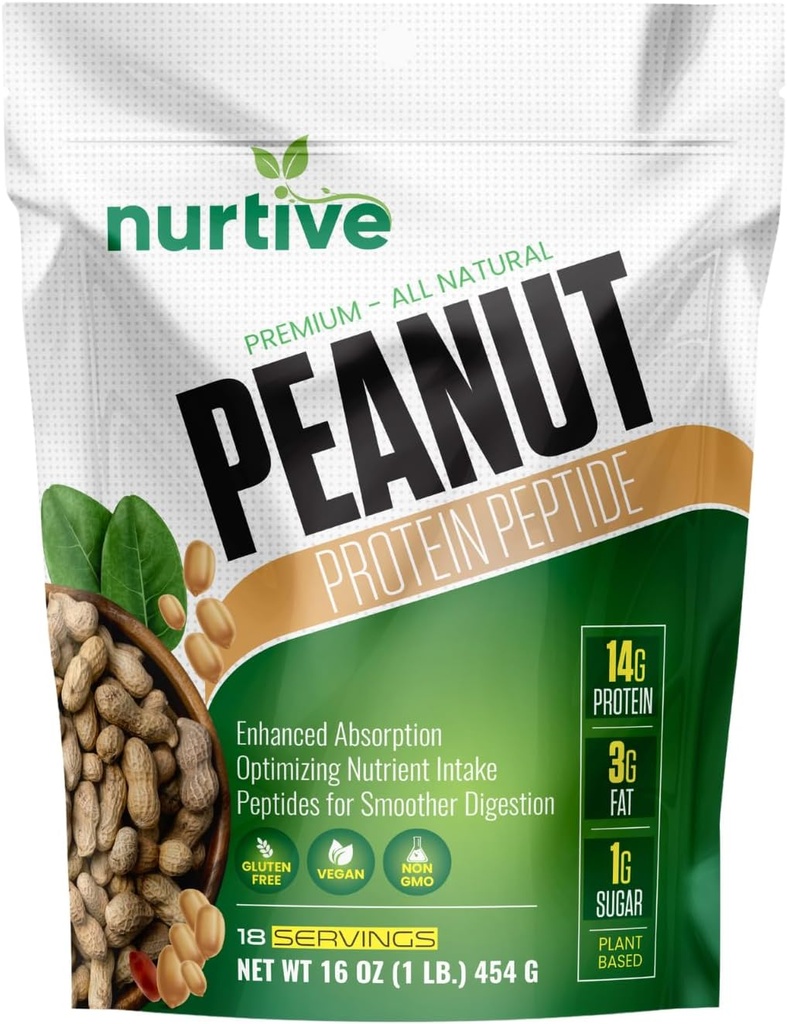 Pudră de peptidă cu proteine din arahide - bază vegetală, bogată în nutrienți și fibre - Ideal pentru sportivi și entuziaști de fitness - Solubilitate îmbunătățită și absorbție - 18 serviri (16 oz / 454 g)