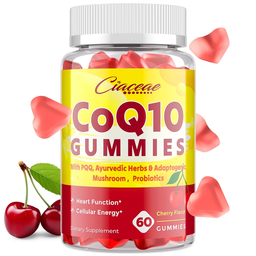 CoQ10 Gume cu PQQ - 400 MG Coenzime Q10 Mare Potență, Îmbunătățit cu plante aromatice ayurvedice, Adaptogene Mushroom Blend & Probiotice pentru inimă, creier, energie, Imunitate, Aroma de cireșe, 60 Vegan Gummies