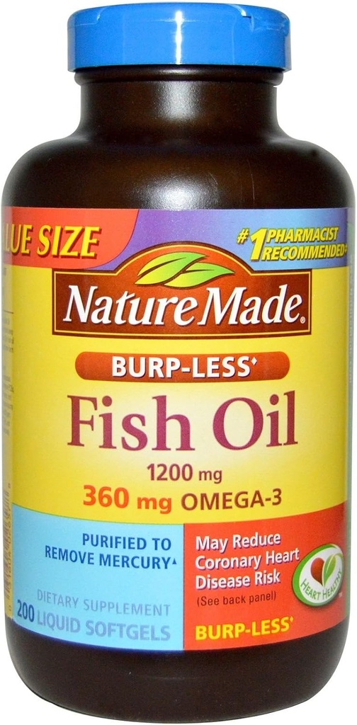 Natura făcut Burp-Mai puțin ulei de pește 1200mg, 360mg Omega-3, Softgels lichid 200 ea (Pachet de 2)