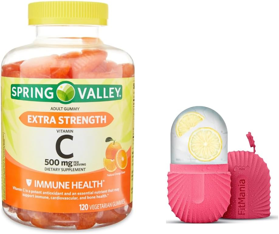 Spring Valley Putere suplimentara Vitamina C Supliment alimentar Vegetarian Gumies, Orange, 500 mg, 120 Ct și cadou Roller gheață pentru Face