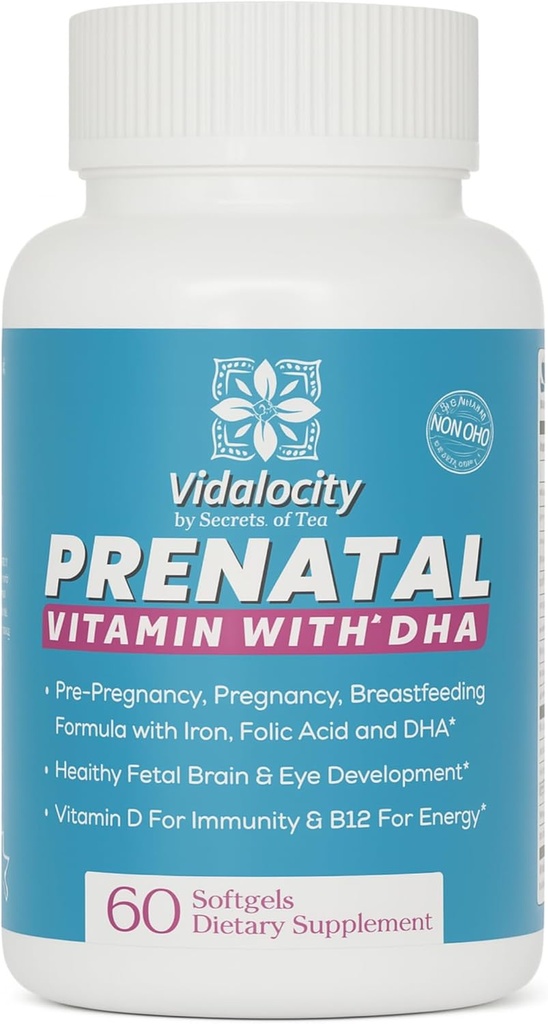 Vidalocitate Vitamine prenatale pentru femei, Capsule multivitamine: Omega 3 Ulei de pește (EPA/DHA), Magneziu, Folat, Vitamina D3, C, Vitamina B12, B6, Vitamina A, K & Zinc, 60 Conte (60 zile de aprovizionare)