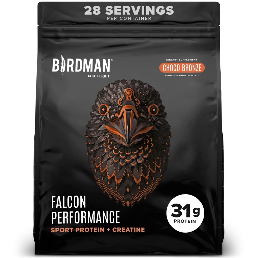 Birdman Falcon Performance Vegan Proteina pulbere, 31g Proteina, 5g Creatina, 5g BCAA, Probiotice, Electroliti, Pre Workout, Low Carb, Sugar Free & Dairy Free, Proteina de Ciocolata pe bază de plante, 28 portii