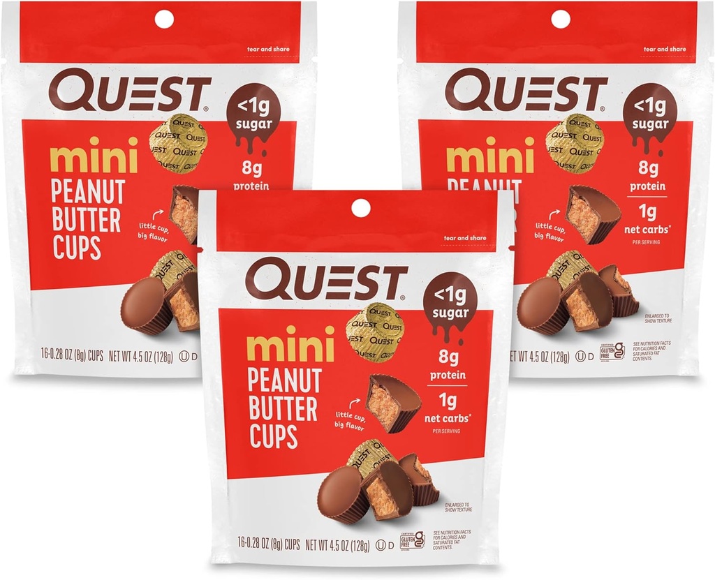 Quest Nutriție Mini Unt de arahide Cupe, Proteină mare, Carb scăzut, Gluten gratuit, 16 Conte (Pachet de 3)