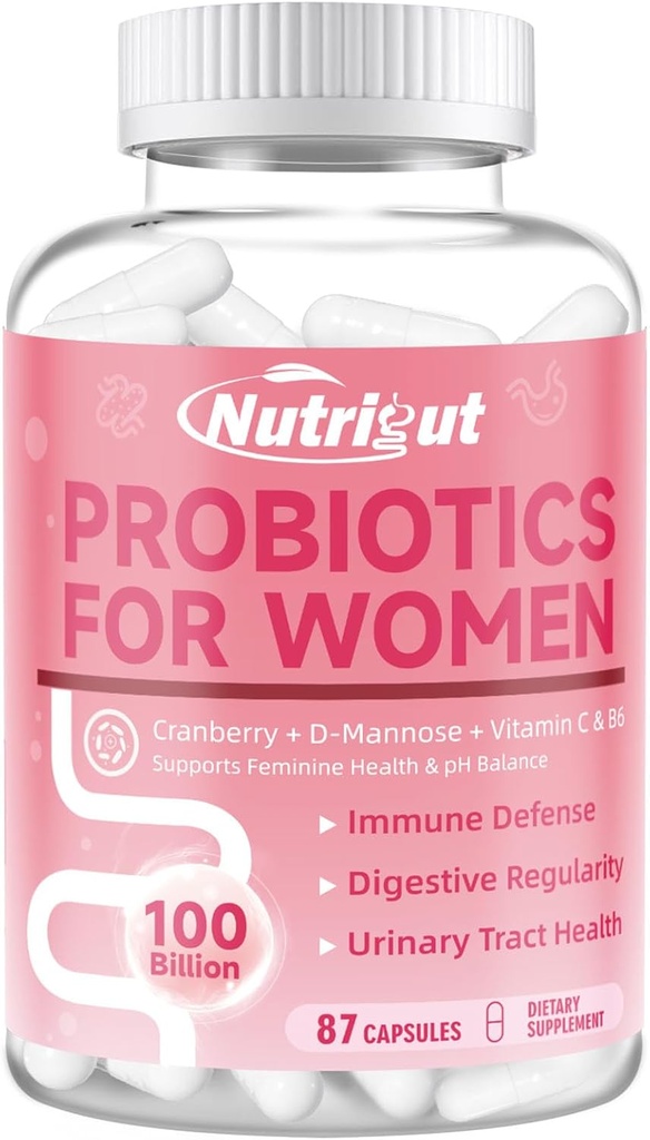 Probiotice pentru femei 100 Miliarde CFU Probiotice și prebiotice cu enzime digestive pentru sănătate gutoasă, Probiotice vaginale cu cranberry și D-Mannos pentru tract urinar Sănătate, pH echilibru, 87 capsule