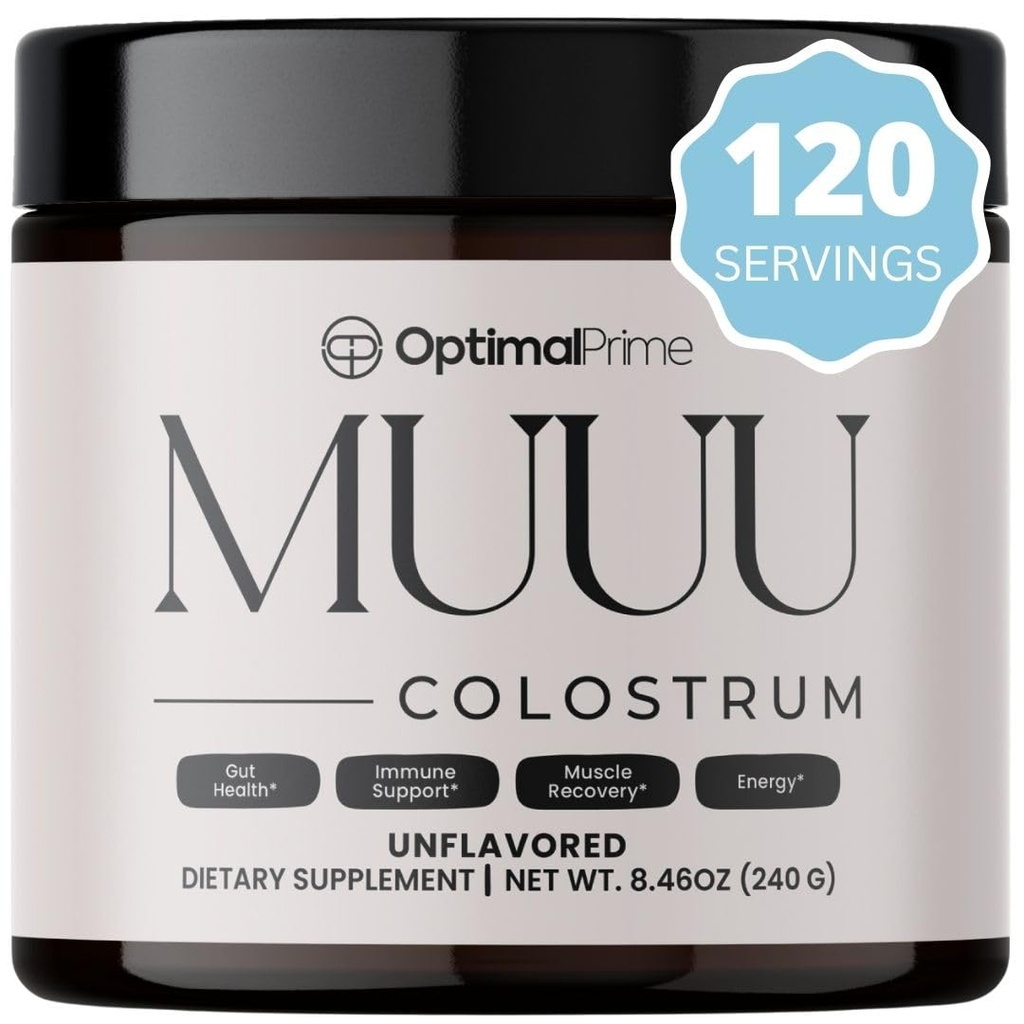 Optimal Prime - MUU Bovine Colostru Supliment și Superfood pulbere pentru sănătate gută, Blooting, Immune Support, Păr, Piele, și unghii fără aromă, 120 Serviri