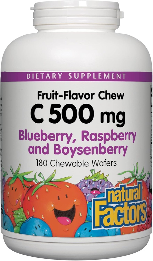 Factori naturali, copii Chemable Vitamina C 500 mg, Sprijină Immune Health, Oase, Dinți și Gume, Afine, Zmeură și Boysenberry, 180 Conte (Pachet de 1)