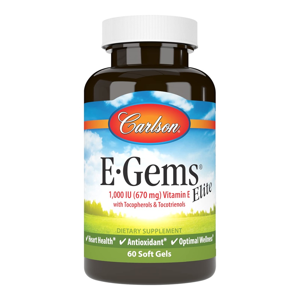 Carlson - E-Gems Elite, 1000 UI (670 mg) Vitamina E cu tocoferoluri şi tocotrienoli, wellness optimă, 60 Softgels