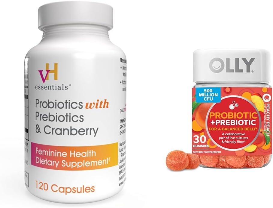 VH esențiale Probiotice cu prebiotice și Cranberry capsule de sănătate feminină Bundle cu OLLY Probiotic + Prebiotic Gummy Digestive și Gut Health Chewable Supliment