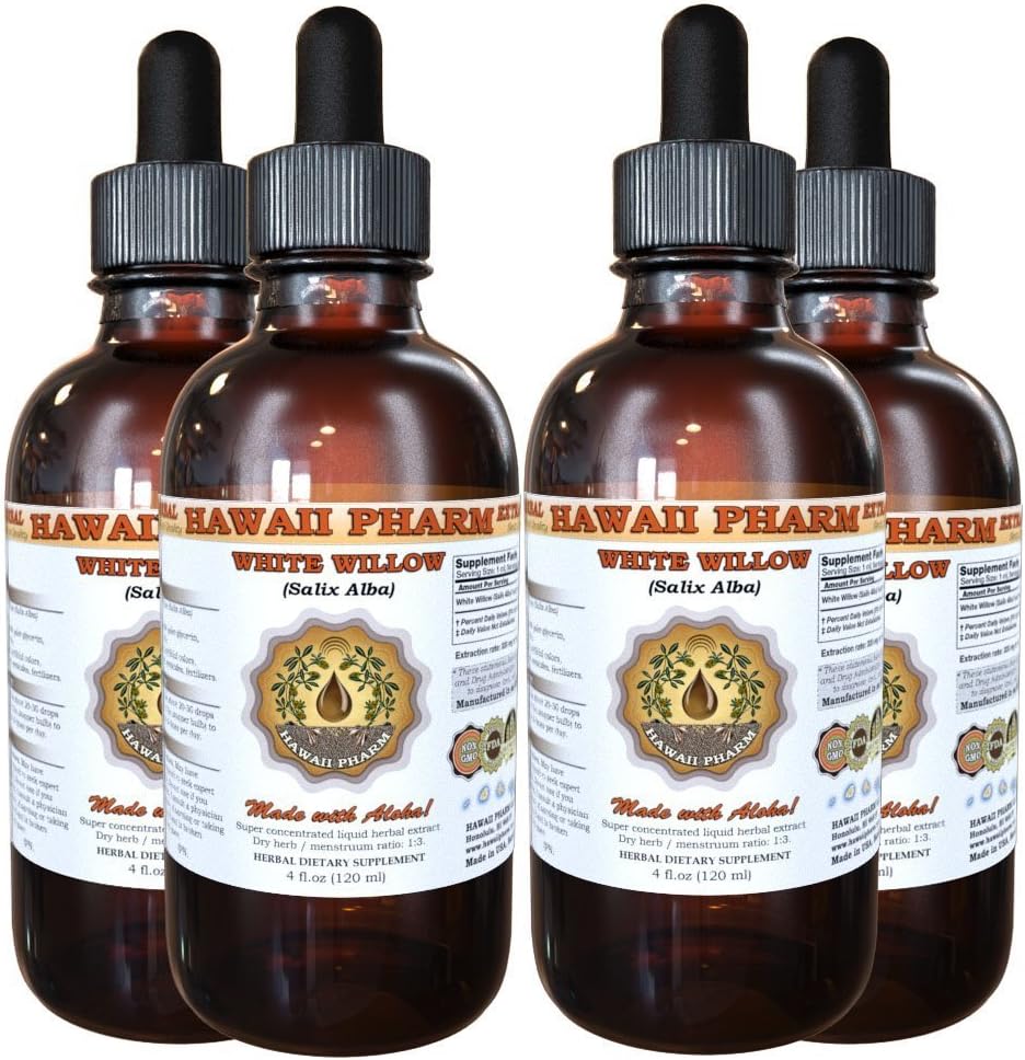 Extract lichid de salcie albă, salcie albă organică (Salix Alba) Tinctură de scoarță uscată, Supliment vegetal, Hawaii Pharm, Made in USA, 4x4 fl.oz