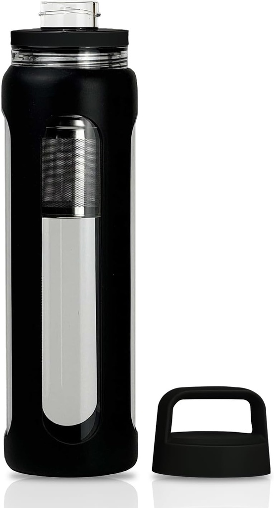 Sticluță de apă din sticlă de 20oz cu maneca de silicon, 600ml cana cu 2 Tier Lid (Gură largă și gură mică drept de băut) cu Tea Leak Sticla - Gym Yoga Activități în aer liber (Black)