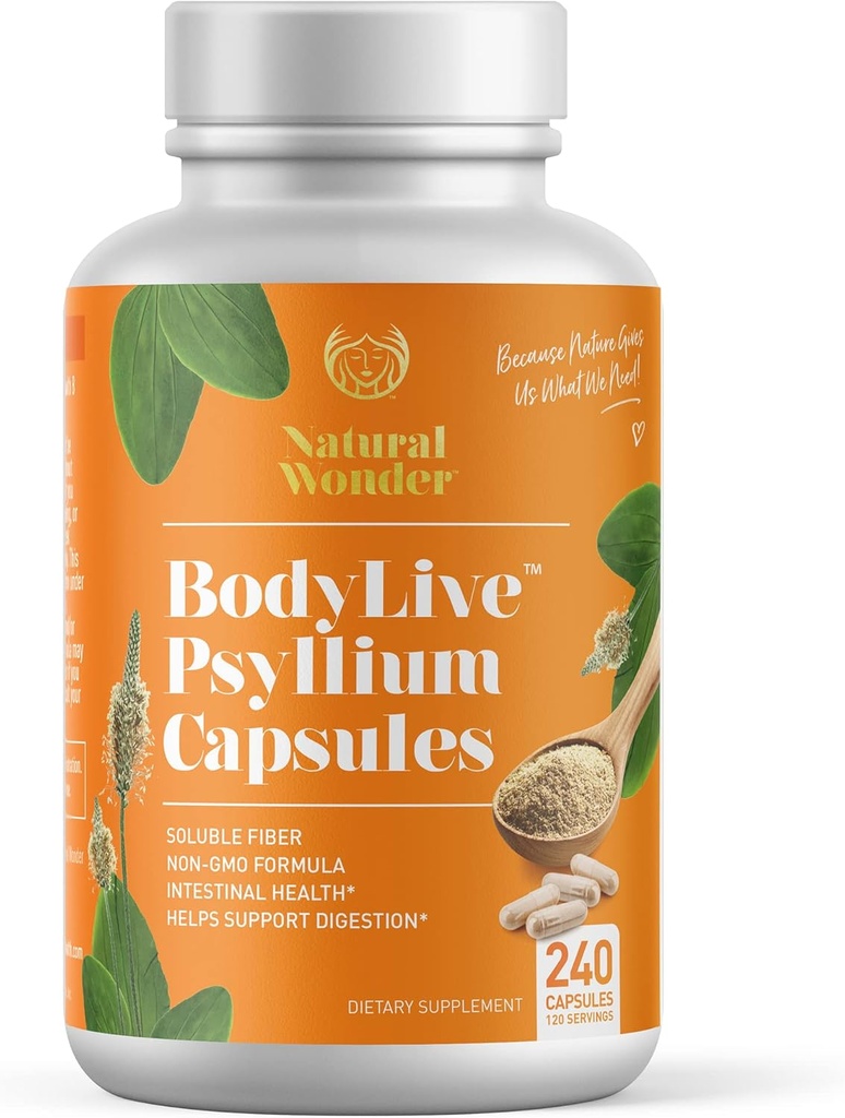 BodyLive Psyllium Husk Fiber Capsule Non-GMO 725 mg, 240 capsule (1450 mg/serving, 120 Serving) Supliment pentru Colon Cleanse, Regularitate, Digestie sanatoasa, Prebiotic, Laxative, Heart Health