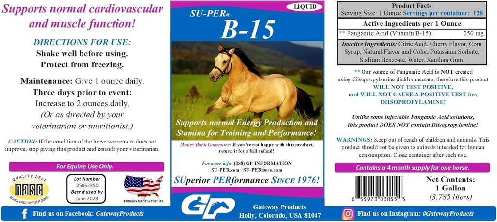 SU-PER B-15 Suplimentul de vitamine pentru cai - Equine Vitamina B-15 Lichid pentru suport de performanță - Sprijină funcția normală cardiovasculară imună și musculară - 1 galon, 4 luni de aprovizionare (120 zile)