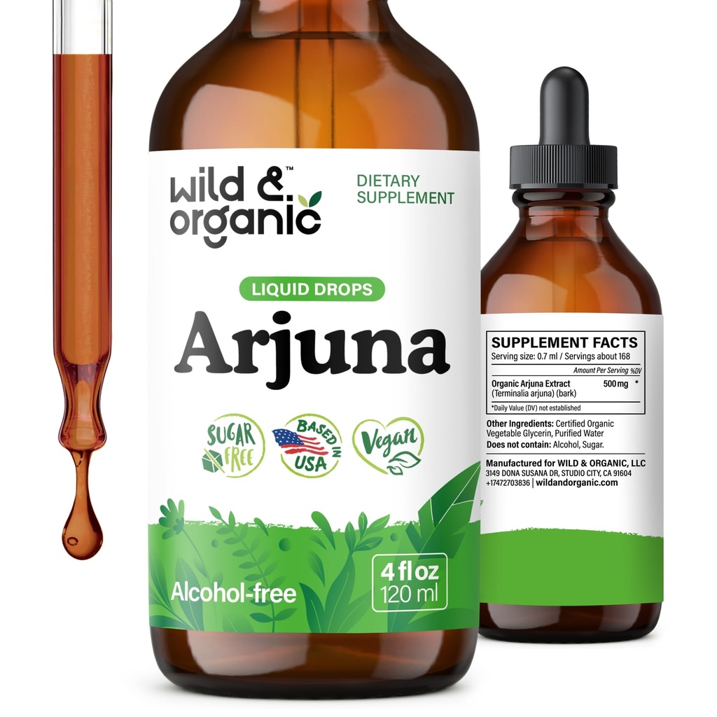 Arjuna Arjuna Wild & Organic Bark Tincture - Total Bine-Fiind Supliment - Alcool-Liquid Drops - Terminalia Arjuna Bark Extract - Fără zahăr și aditivi, Non-GMO - 4 fl oz