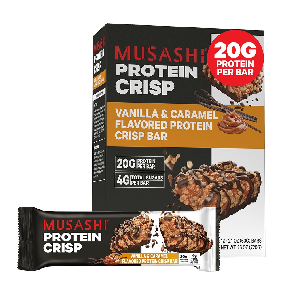 MUSASHI Proteine Crisp Bar, 20g Proteina, 4g Total Sugars, Vanilla & Caramel, Post Workout şi Snack On The Go, 12 Pachet de 2.1oz (60g) Baruri